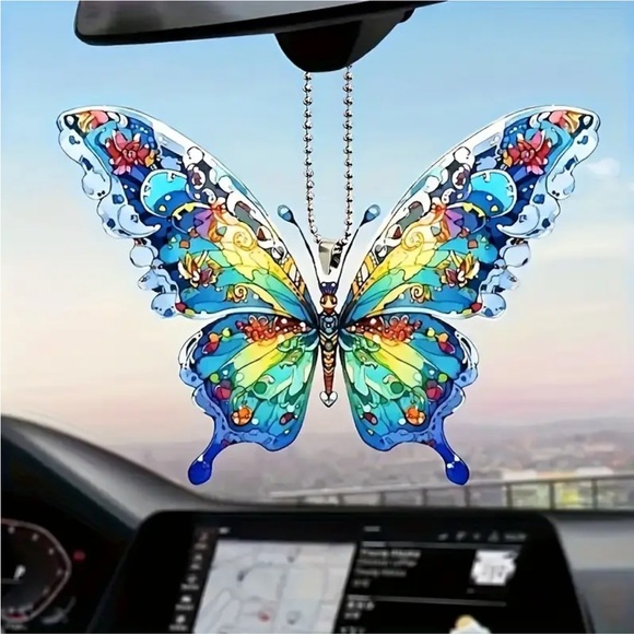 Blue Butterfly Hanging Ornament Pendant - Fan Pull - Bag - Rearview Mirror Charm - Picture 1 of 5